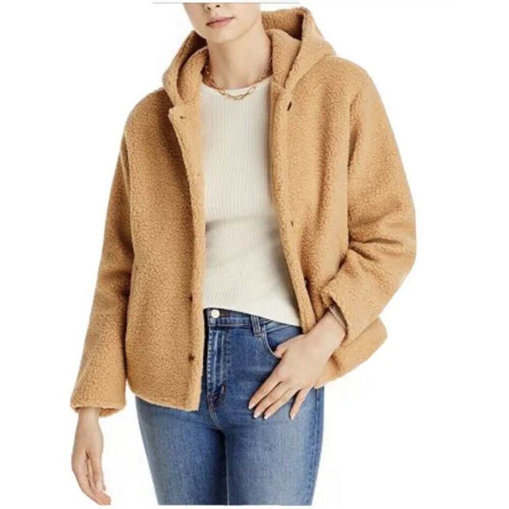 Aqua Women's Sherpa Hooded Jacket/Coat Beige Button Pockets Lined SZ L